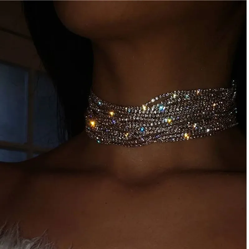 Многослойное женское широкое Колье чокер Blingbling ожерелье со стразами ювелирные
