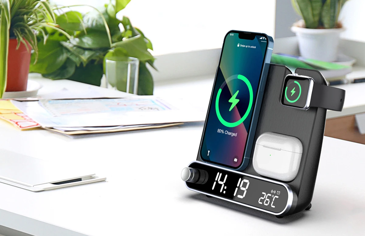 iphone wireless charger 3 in 1 Fast Wireless Charging Station For iPhone 13 12 Pro Max Mini LED Digital Clock Desk Alarm Thermometer Wireless Charger wireless phone charger