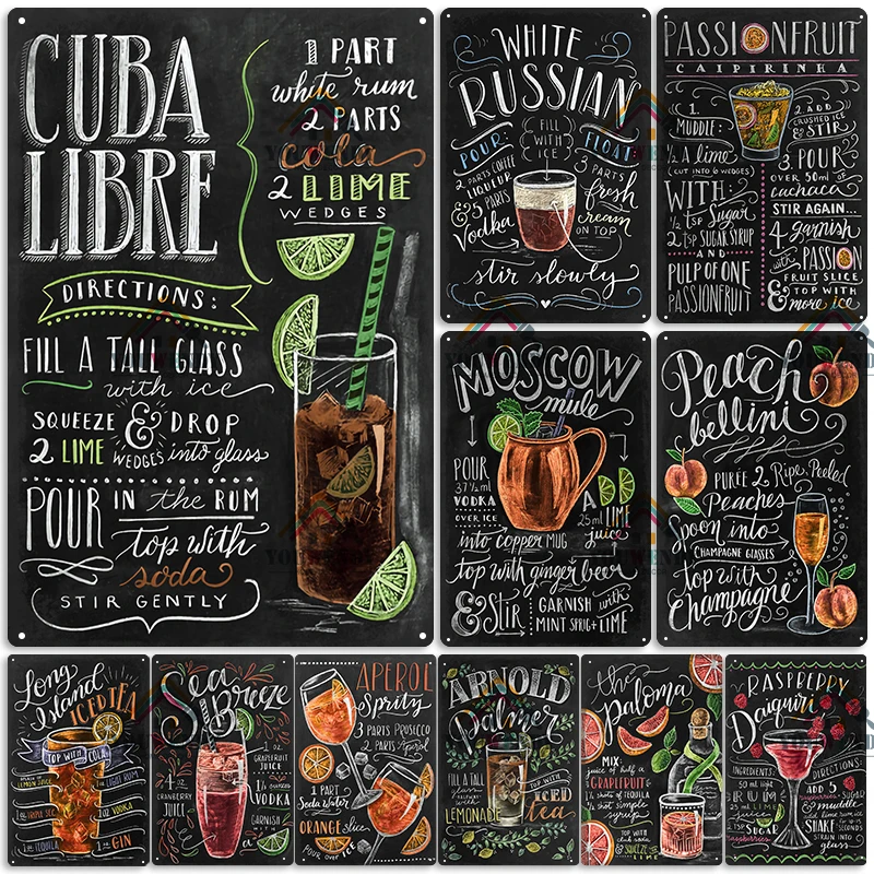 Classic Blackboard Art Print Plaque, Metal Vintage Cocktail Signs, Cuba Libre plates, Bar, Club, Retro Poster Wall Decor, UW79