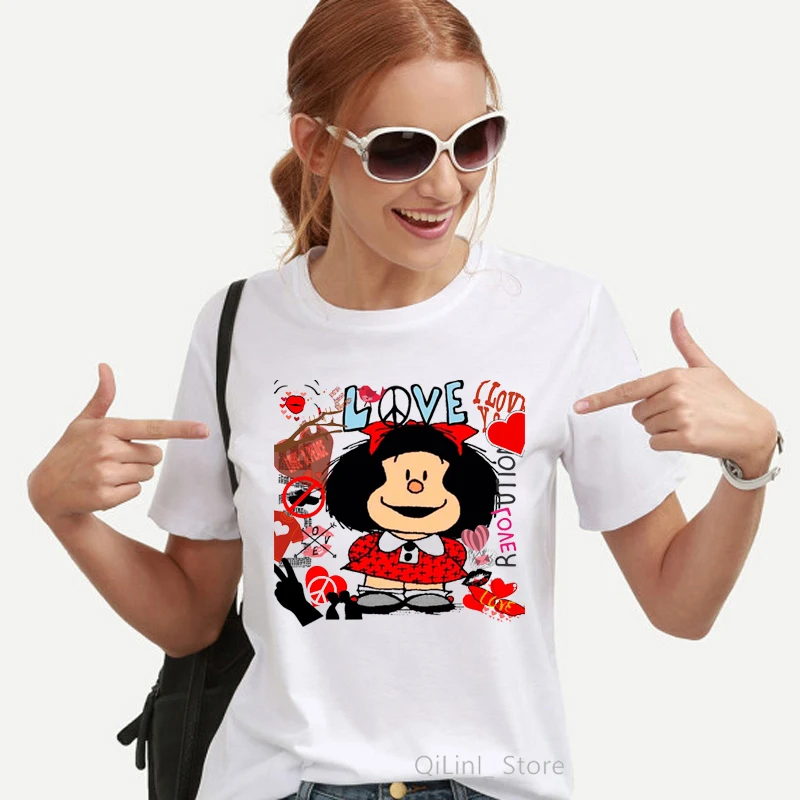 Funny Mafalda T Shirt Women Harajuku Cute Comic Cartoon Short Sleeve Kawaii Casual Love Mafalda Print Graphic Korean Style Tops
