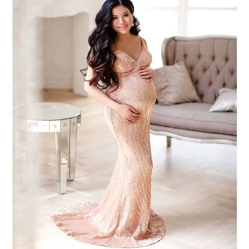 Rose Gold Maternity Dresses Sequined 