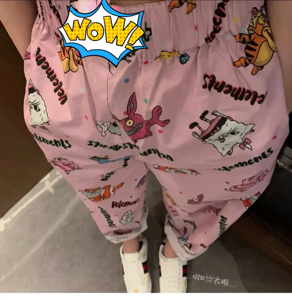 Net celebrity same style tide brand thin imported fabric cartoon printing VTM casual pants pink loose pants women