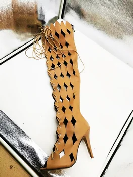 

Hollow long Boots Peep Toe Stiletto Gladiator Knee High Boots Lace Up Own Factory Real Picture Handmade Quality Guaranteed