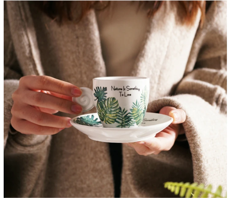 Northern Europe Fresh Style 90ml Espresso Cup Set With Tray Monstera Leaf Frost Small Italian Black Coffee Mug Taza Tasse Xicara