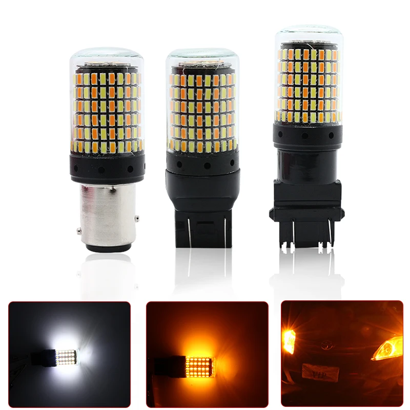

2pcs/lot Super Bright Dual Color 168 leds 3014 1157 7443 LED 3157 LED Bulbs White Amber Error Turn Light Signal Parking light