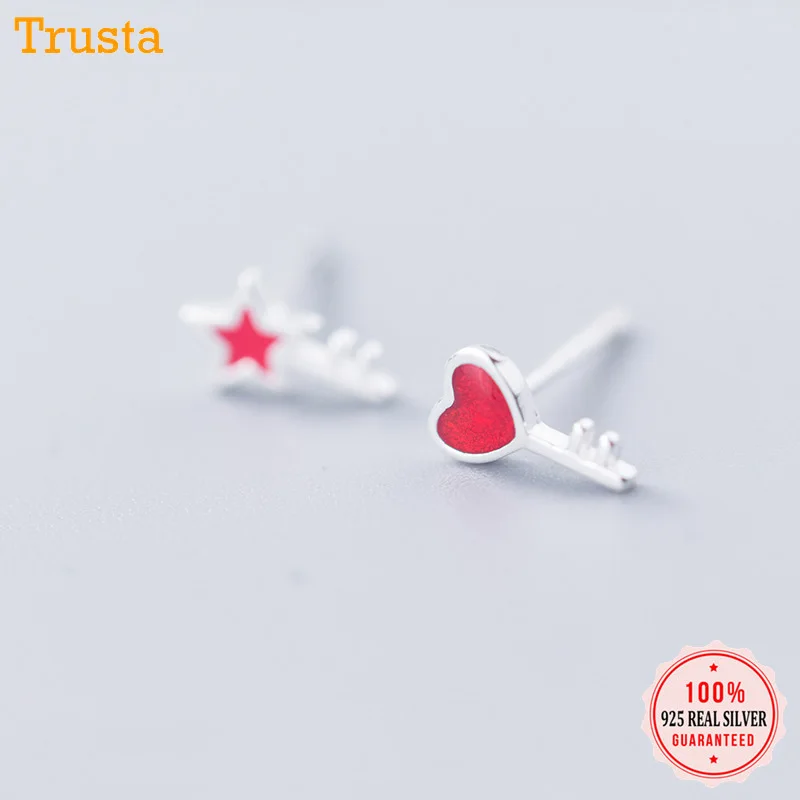 Trusta 100% 925 пробы Серьги серебристого цвета; бижутерия Женская мода красное сердце серьги-гвоздики любовь ключ подарок для девочек друзья DS1450