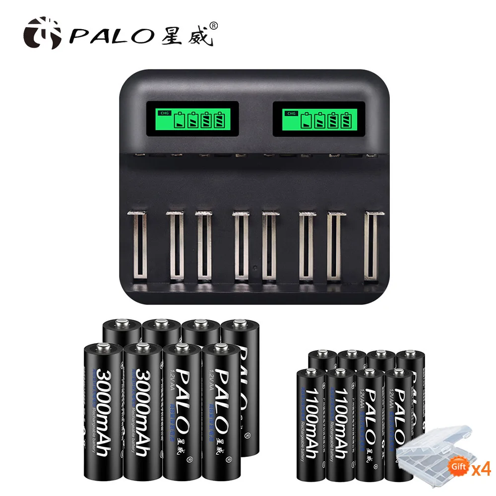 with 8 AA and 8 AAA Palo USB Smart lcd зарядное устройство для аккумуляторов AA AAA SC C D Размер 1,2 в+ 16 шт. AA батарея+ 16 шт. AAA батарея для игрушек камера - Цвет: with 8 AA and 8 AAA