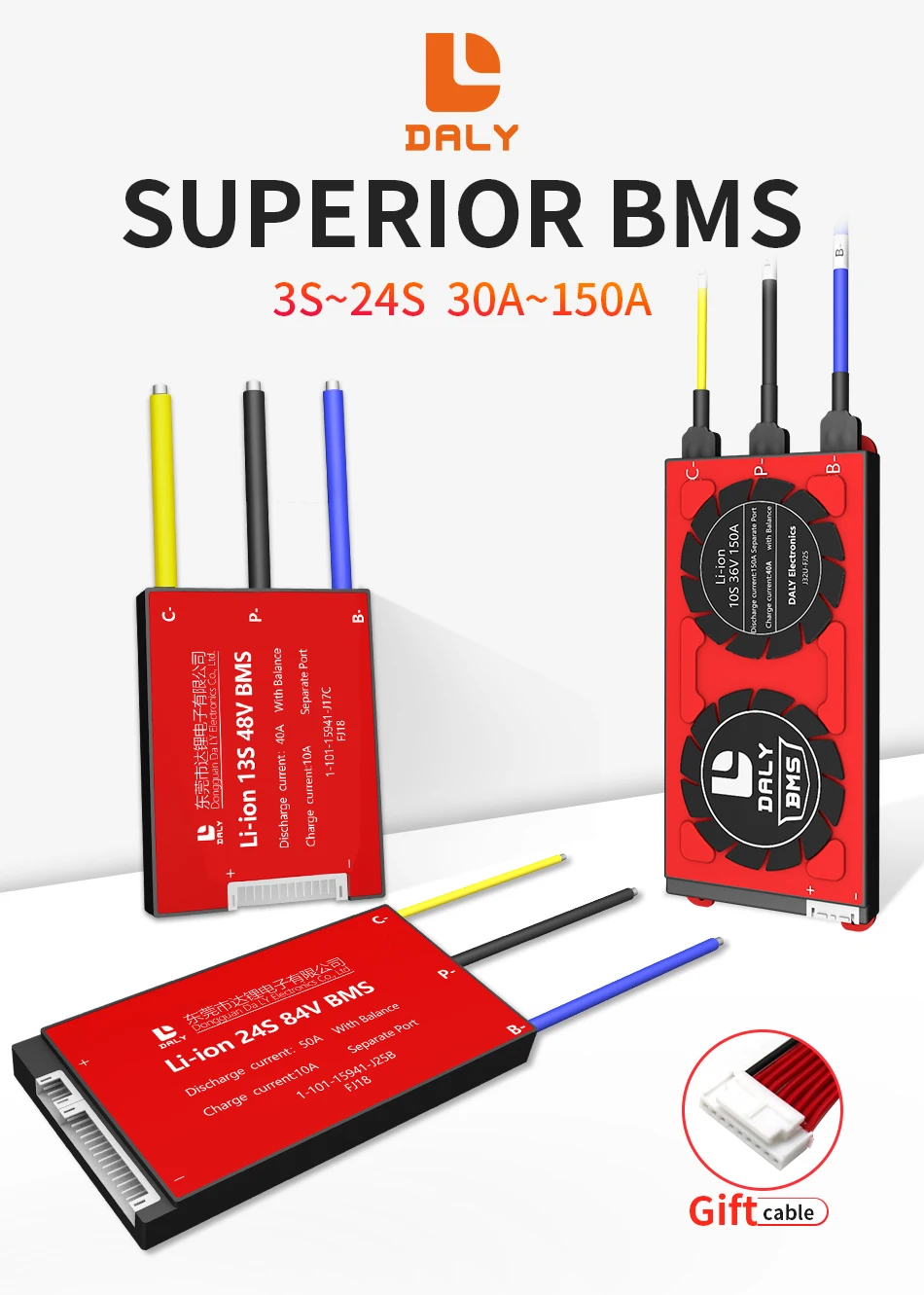Daly BMS Li-Ion LiFePO4 BMS 3s-24s 12V 24v 36V 48V 60V 72V 29,6 in15A 20A 30A 40A 50A 60A 80A 100A 120A 150A Lithium battery BMS