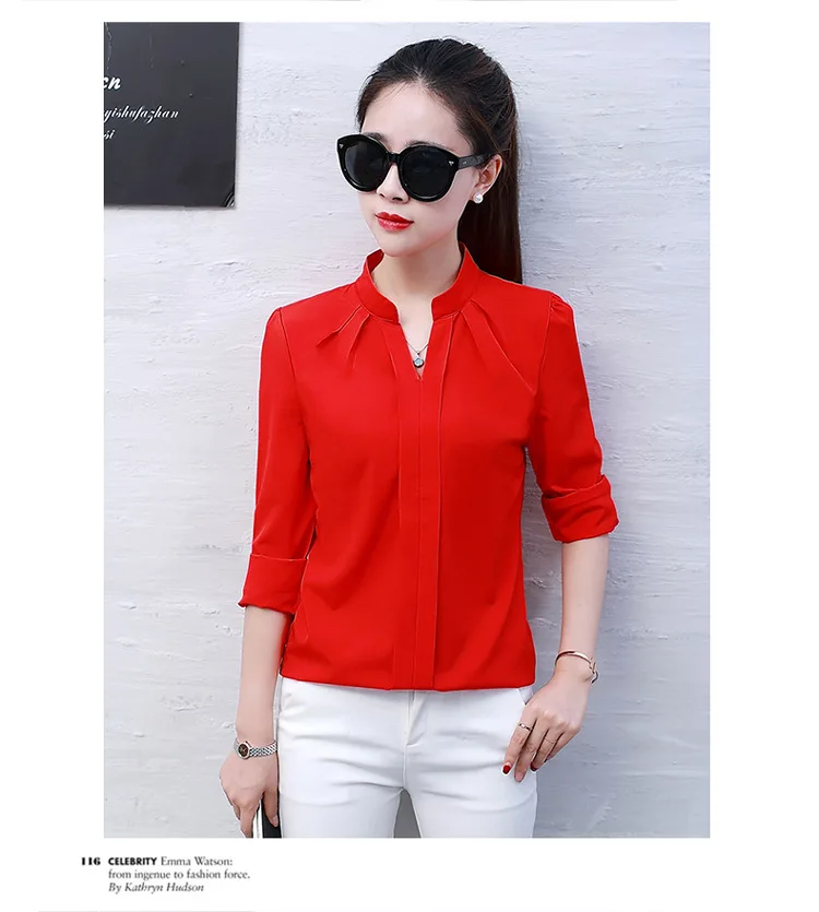 New Spring Autumn Tops Women Slim Pink Shirts Casual Long Sleeve V-Neck Solid Blouse Fashion Womens Chiffon Work Blouses