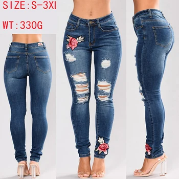 

Stretch Jeans For Women Elastic Flower Jeans Ladies Pencil Denim Pants Hole Ripped Rose Embroidered Pattern Jeans Pantalon Femme