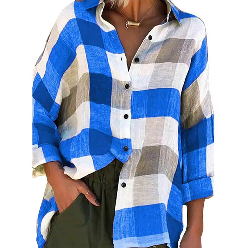 Fashion Women Plaid Shirt Turn-down Collar Check Plaid Buttons Shirt Top Long Sleeve Loose Blouse Blusas 1