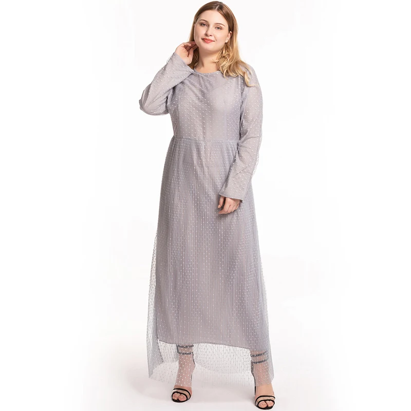 Gray dress В Горошек Абая Дубайский хиджаб мусульманское платье ислам одежда Абая для женщин турецкие платья халат кафтан Tesettur Elbise Ropa - Цвет: Gray dress
