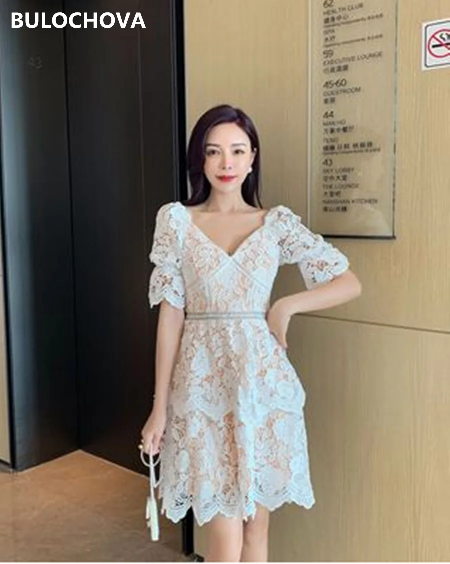 

High Quality Lace Women V Neck Sexy Leaky Back Slim Party Mini Dress 2020 New Summer Puff Sleeve Runway Dresses Vestidos Femme