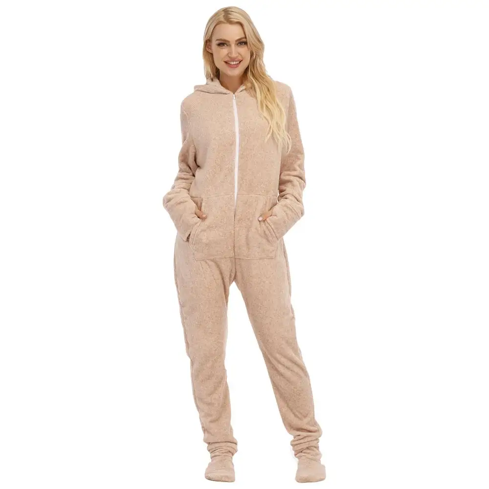 Jumpsuit Pyjamas For Adult Women Fluffy Fleece Sleepwear Winter Warm Onesies Solid Casual Foot Cover Overall Hood Rompers Sets