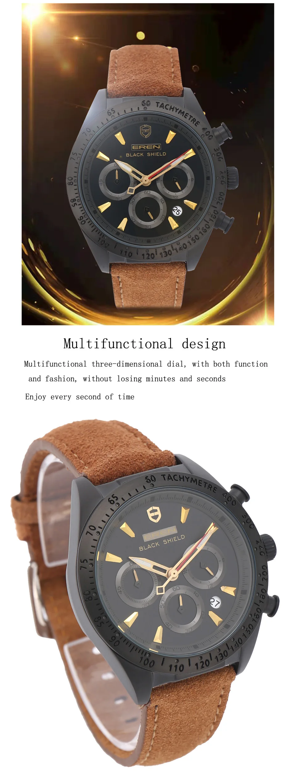 2022 Ever Move Men's Sports Chronograph  Luxury Literal Business Style Multifunctional Leather Real Nail Quartz Watch