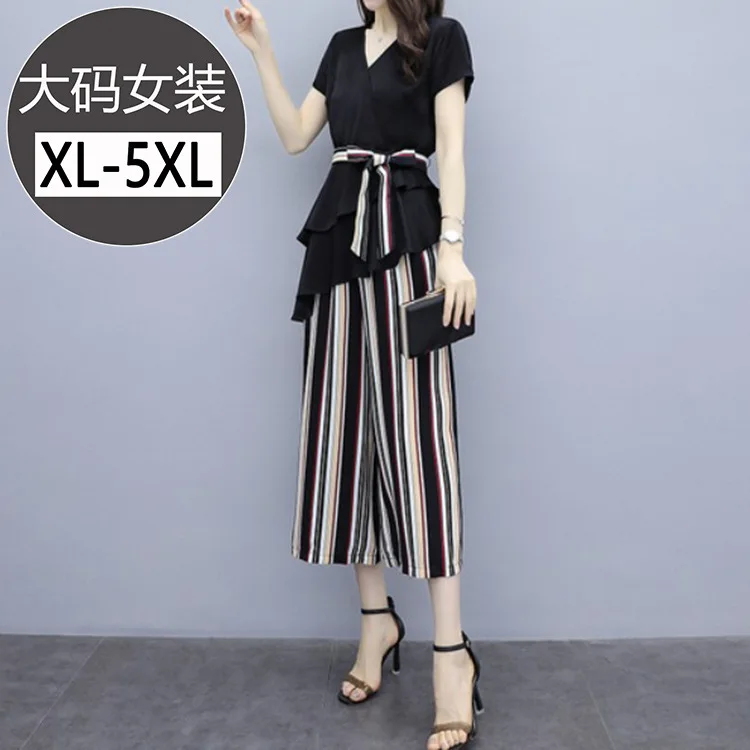 

Large Size Dress V-neck Irregular Waist Hugging Lace-up Tops Plus-sized Womenswear Mm Capri Pants Stripes Wide-Leg Culottes Two-