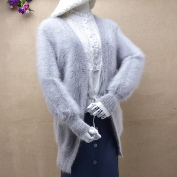 

Top mujer femme winter grey color best angora rabbit fur cardigans tight long sleeves angora fur knitted sweater coat jacket