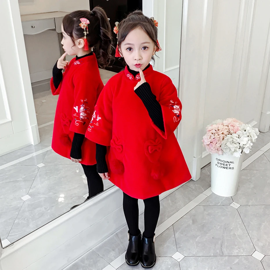 Girls Coat Red Woolen Coat For Girls Flower Embroidery Children's Outerwear Elegant Winter Chinese Clothes For Girls New Year