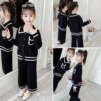 

Black color girls autumn winter clothes 2019 kids clothes girl knitting clothing set coat+pants 2pecs child tracksuit
