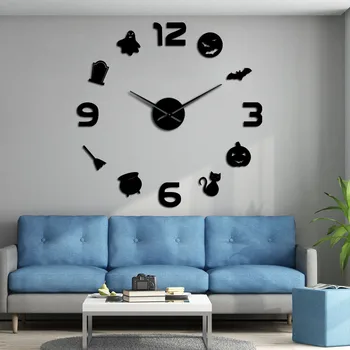 

Halloween DIY Home Decor Wall Art Large Wall Clock Trick Or Treat Horror Frameless Wall Watch With Big Clock Hands Mirror Number