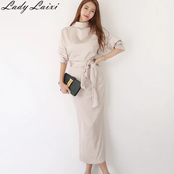 

2019 Autumn Solid Color 2 Pieces Suits Women Turtleneck belted Blouses and High Waist Pencil Bodycon Midi Long Skirt