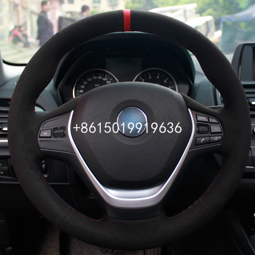 

customized Hand sewing Black Suede Red Marker Car Steering Wheel Cover for BMW F30 320i 328i 320d F20