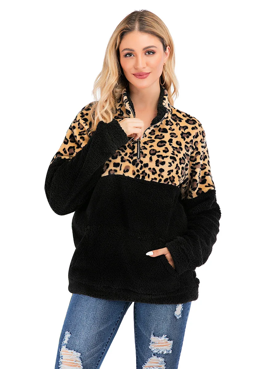 Women Fleece Sweatshirt Winter Casual Leopard Faux Fur Patchwork Fluffly Female Hoodies Warm Turtleneck Zipper Tops
