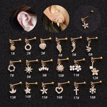 18Styles Gold Silver Color Heart Hexagon Crystal Tragus Ear Piercing Plug Stainless Steel Daith Earrings Helix Cartilage Studs