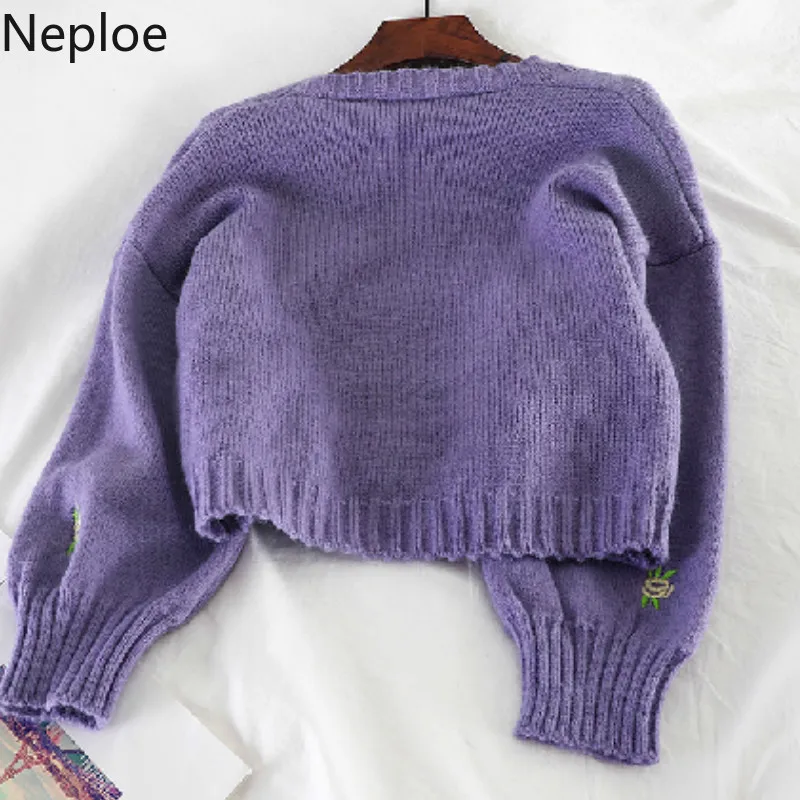 Neploe корейский V шеи фонарь с длинным рукавом трикотажные кардиганы женские вышивка сплошной одной груди короткий свитер пальто осень