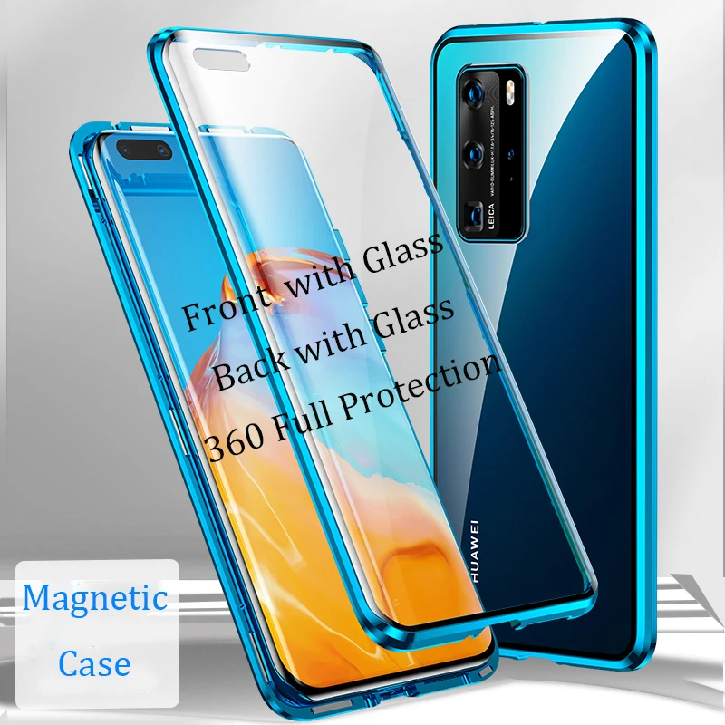 

New Magnetic Case for Huawei P40 Pro Case Front+Back double-sided Tempered Glass Case Huawei P40 Lite Nova 7i Metal Bumper Case