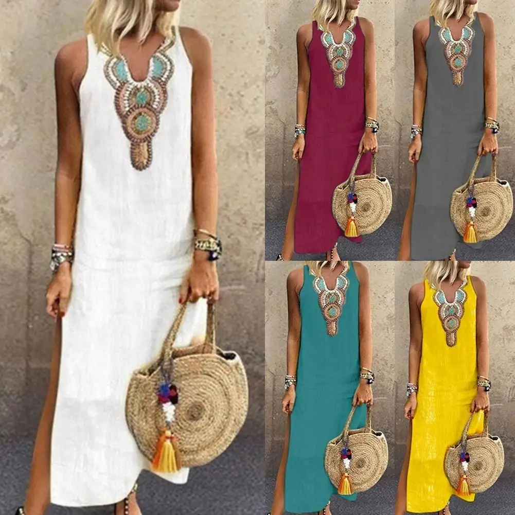

Summer Women Paisley Print V Neck Sleeveless Split Maxi Linen Loose Kaftan Dress