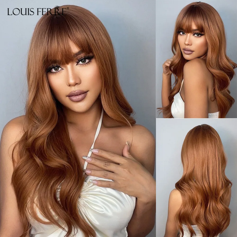 LOUIS FERRE Long Ombre Brown Wigs With Bangs for Women Synthetic Natural Wave Fake Hair Cosplay Orange Brown Wigs Heat Resistant