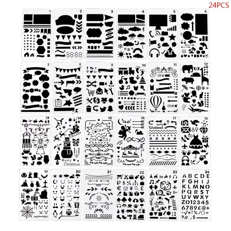 

24pcs/set Journal Drawing Template Ruler Stencil Painting Board DIY Album Decor