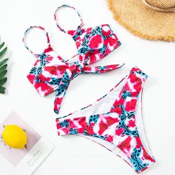 

2020 Women Sexy Bikini Set Lace Up Floral Print Bandage Swimsuit High Waist Thong Brazilian Biquini swimwear Summer Beach Wear