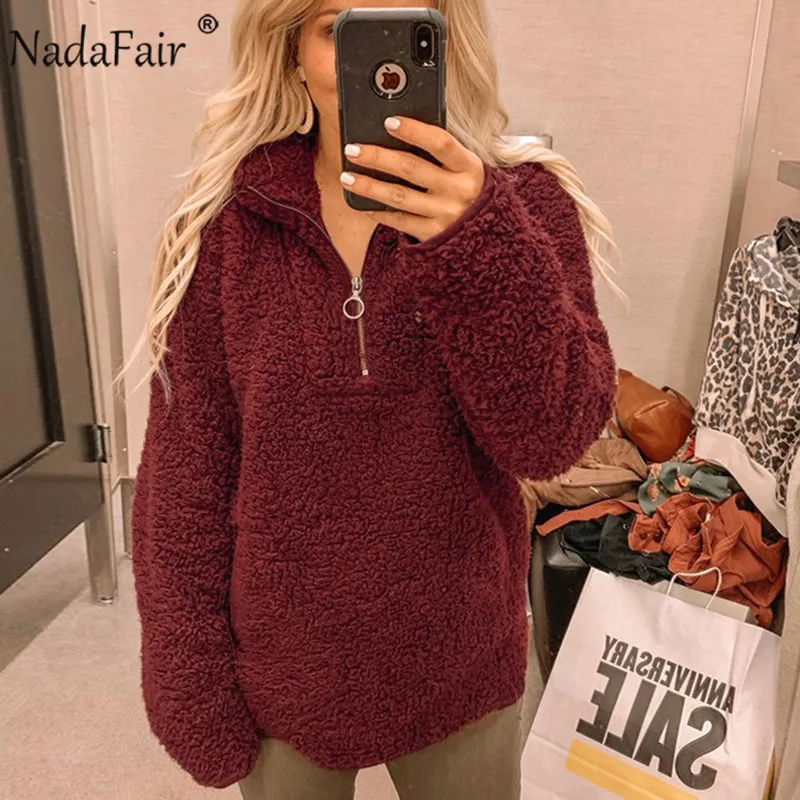  Nadafair Hoody Ladies Sweatshirt 2019 Winter Gray White Fleece Fluffy Oversized Hoodie Women Casual