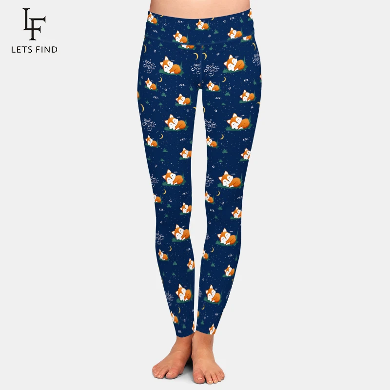 

LETSFIND New Arrival 3D Cute Sleeping Fox and Moons Stars Print Elastic Pants High Waist Slim Women Fitness Leggings