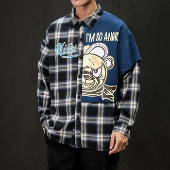 

Cartoon Printing Autumn Oversize M-5XL Men Fashion checked Lapel Long Sleeve Plaid Shirt Casual Streetwear Men Plaid Soft Shirt