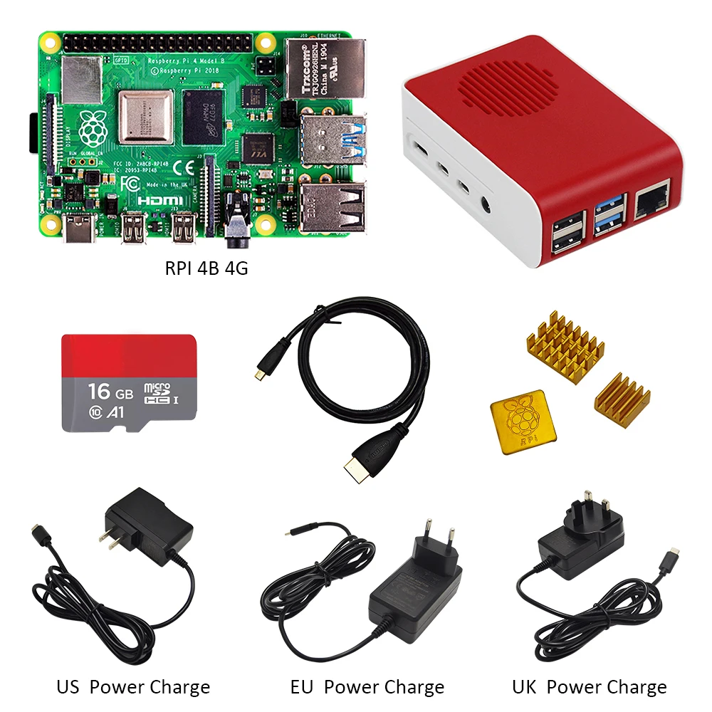 Kit de Raspberry Pi 4 Modelo B, 4GB + Pi 4, carcasa con ventilador + EU/US/UK tipo C 5V/3A, cargador de energía + tarjeta SD de 16G + disipador de calor, 2019