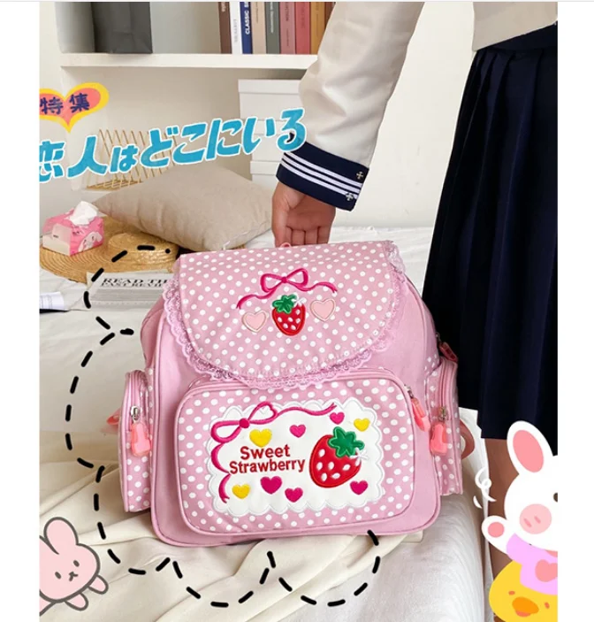 2021 New Arrival! Cute embroidery fruit strawberry lace backpack