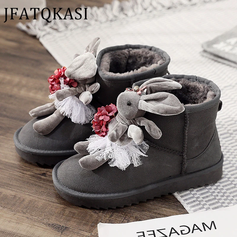 Genuine Leather Winter Ankle Boots Cute Rabbit Women Snow Non-Slip On Fashion Female Plus Velvet Thicked Warm Shoes | Обувь