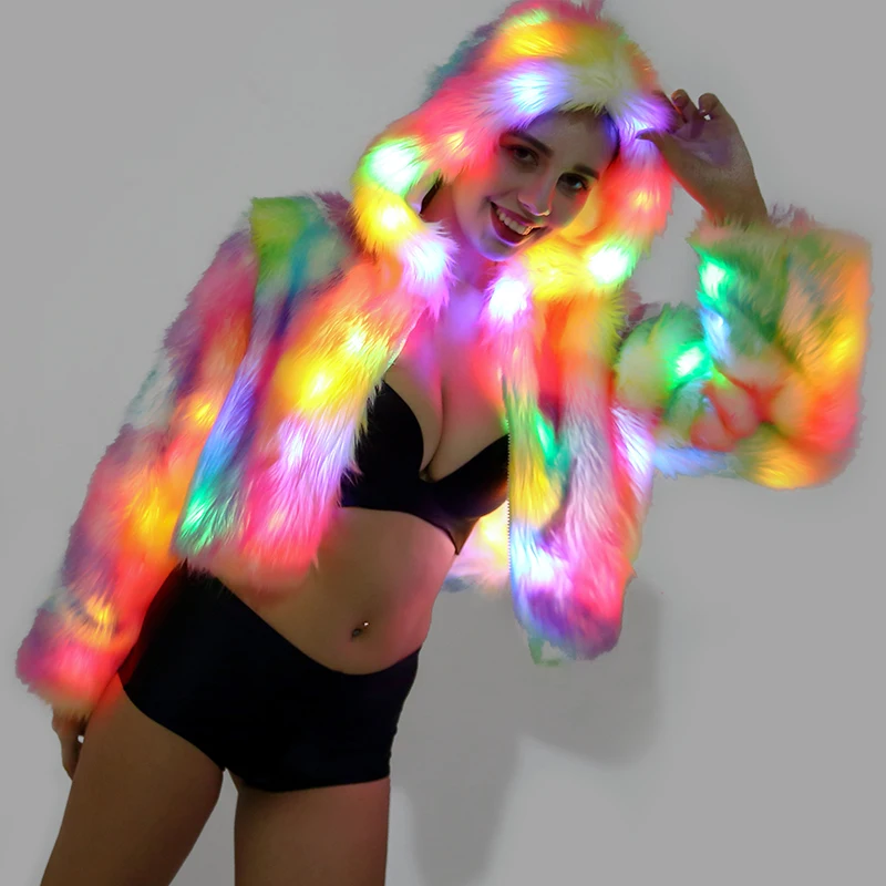 Autumn Winter New Fake Fur Jacket Color LED Lights Long Sleeve Hooded Faux Fur Coat Jacket Halloween Christmas Party Coats