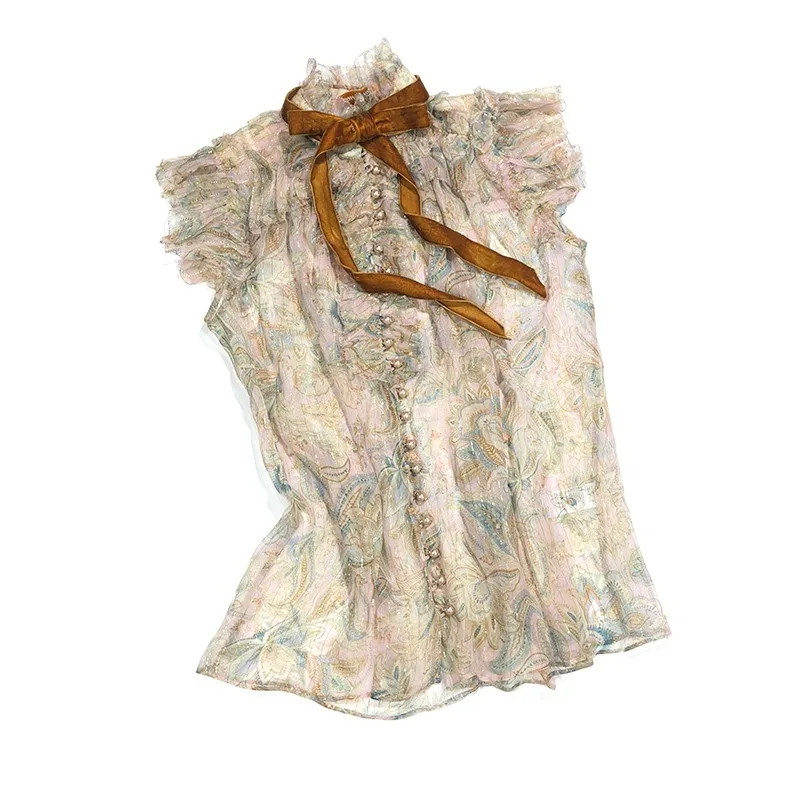 

2021 Summer New Arrival Top Quality Vintage Gold Shining Ruffles Patchwork Buttons Through Sleeveless Silk Blouses and Tops