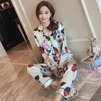 

Korean Version of Simulation Silk Long-sleeved Pajamas Rose Print Home Service Lapel Trousers Spring and Autumn Lounge Wear Set