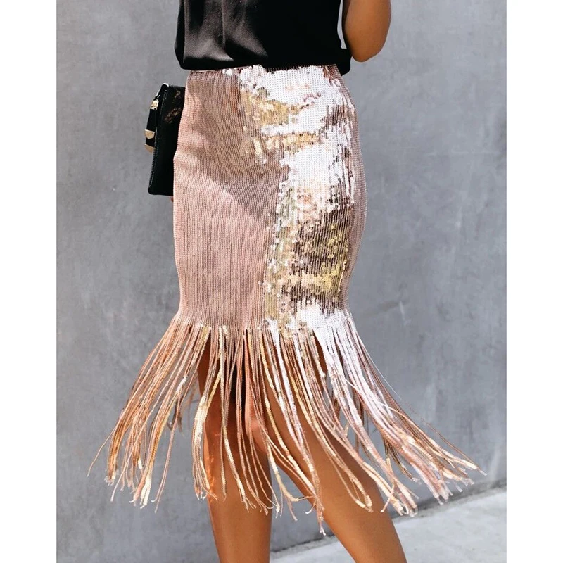 

Tassels design sequined skirt women Solid color push up skinny midi skirt Sexy party sequin skirts Fashion 2019 saias mujer