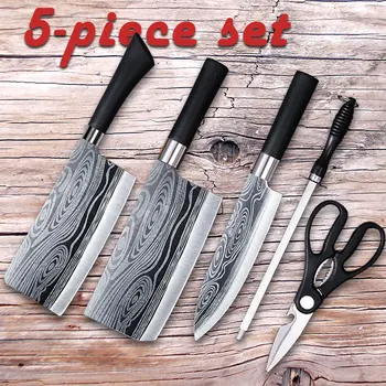 

5pcs Kitchen knives Set 7 inch Chef Knives Stainless Steel Fish Meat Slicing Damascus Pattern Knife Set
