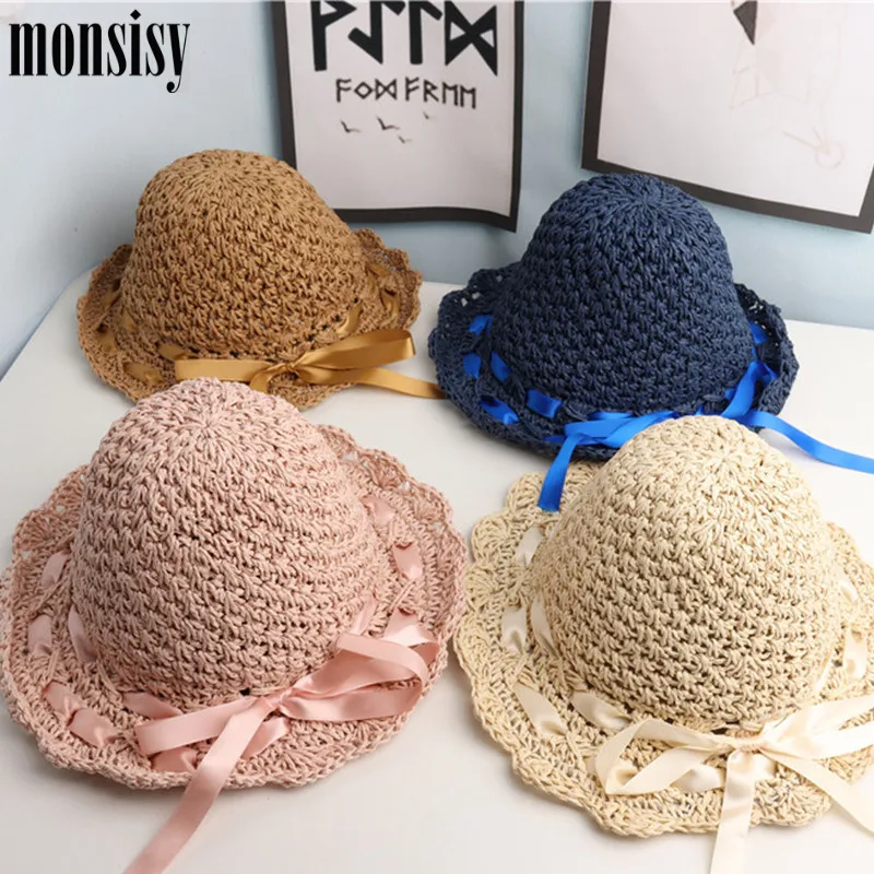 Детская соломенная шляпа Monsisy Пляжная плетеная с ленточкой ручной работы летняя