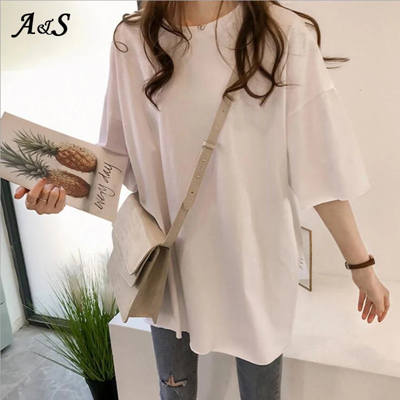 Korean Style Female T-shirt Pure Color M-XL Oversized Women Tops Harajuku  Simple Basic Tee Shirt Feminina White Casual O-neck