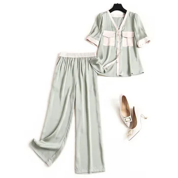 

Women color block V-neck tops short sleeve chiffon bouses + elastic waist pants set summer 2020 lounge wear black green