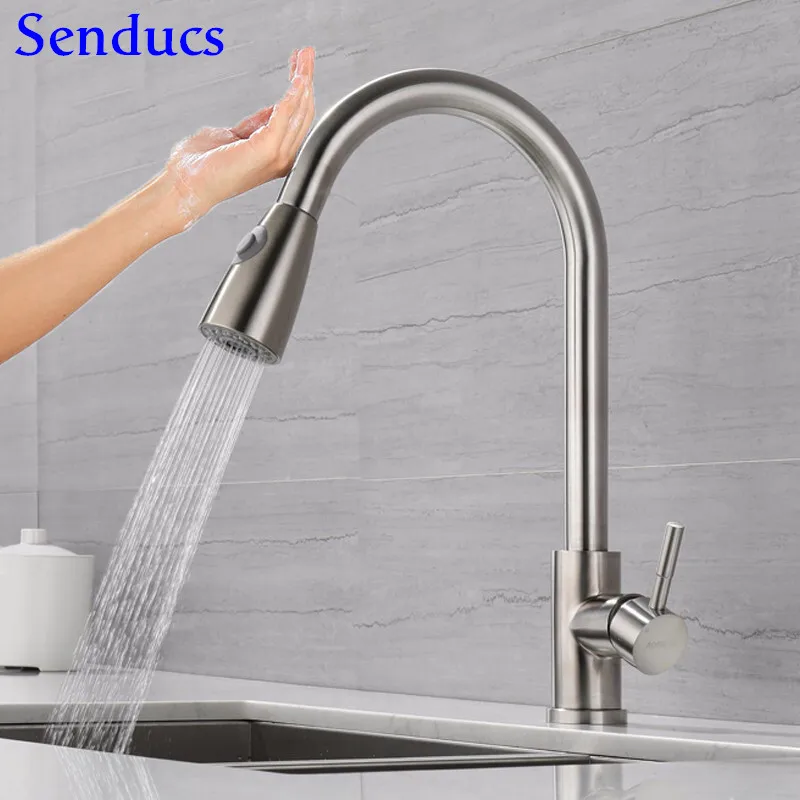 Touch Kitchen Faucet Senducs Pull Down Brushed Sensor Kitchen Mixer Tap Quality 304 Stainless Steel Touch Kitchen Sink Faucets - Color: 1270-H-brushed-touch