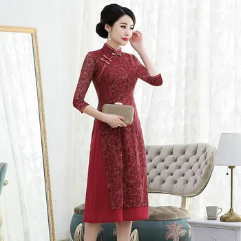 

Autumn and Winter New Elegant Women's Modified Cheongsam Long Lace Cheongsam Skirt Retro-archaic Stitching Dress High-end Skirt